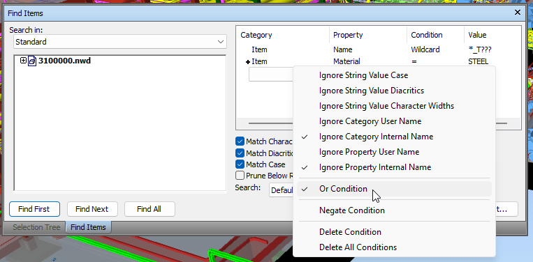 Navisworks Find Items search set conditions combination context detailed
