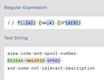 Regular expression with 3 tokens used to identify Piping Spool details
